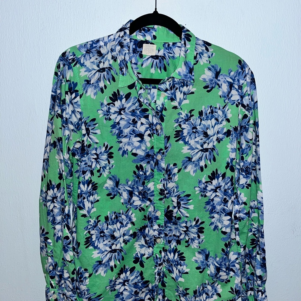 J. Crew Green and Blue Floral Women's Button Down Shirt